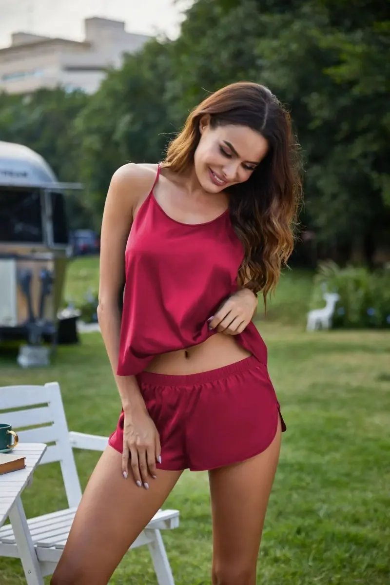 Silk Pajamas Set for Women Satin Backless Lingerie Pjs Cami Top and Shorts Nightwear - Love Salve